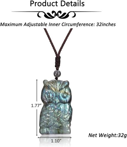 جيكرست قلادة بومة كريستال لابرادوريت منحوتة من حجر الكريستال الطبيعي العلاجي للرجال والنساء، قلادة من الاحجار الكريمة للطاقة، قلادة كريستال هدية للكريسماس، احجار كريمة in Kuwait