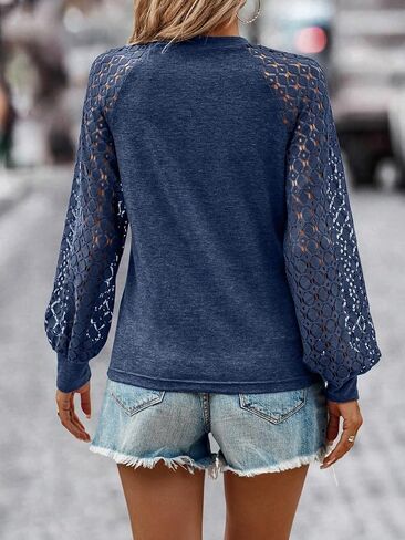 SweatyRocks Women's Casual Long Lace Sleeve Pleated Front Top Mesh Sleeve Round Neck Blouse Shirt Top in Saudi Arabia