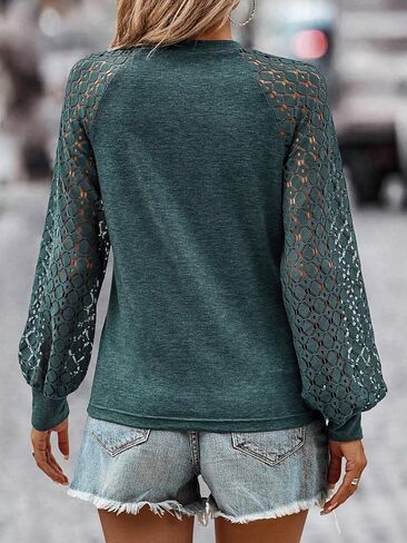 SweatyRocks Women's Casual Long Lace Sleeve Pleated Front Top Mesh Sleeve Round Neck Blouse Shirt Top in Saudi Arabia