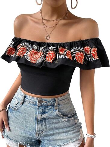 MakeMeChic Women's Floral Embroidered Off Shoulder Ruffle Trim Crop Top Blouse Shirt in Saudi Arabia