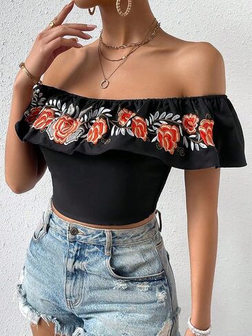 MakeMeChic Women's Floral Embroidered Off Shoulder Ruffle Trim Crop Top Blouse Shirt in Saudi Arabia