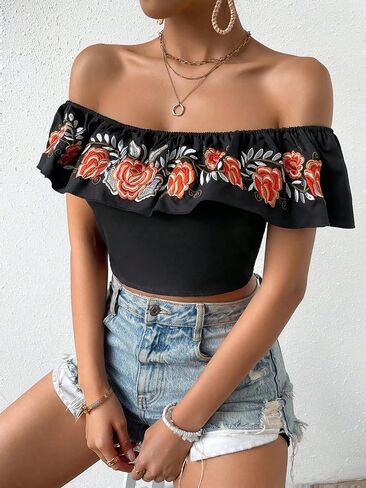 MakeMeChic Women's Floral Embroidered Off Shoulder Ruffle Trim Crop Top Blouse Shirt in Saudi Arabia