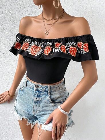 MakeMeChic Women's Floral Embroidered Off Shoulder Ruffle Trim Crop Top Blouse Shirt in Saudi Arabia