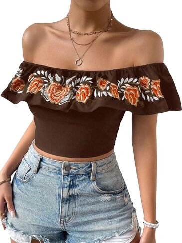 MakeMeChic Women's Floral Embroidered Off Shoulder Ruffle Trim Crop Top Blouse Shirt in Saudi Arabia