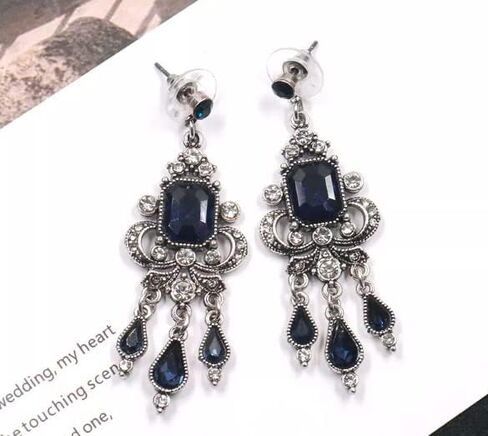 Art Deco Victorian Edwardian Antique Vintage Style Blue Sapphire Rhinestone Long Dangle Wedding Bridal Prom Earrings in Saudi Arabia