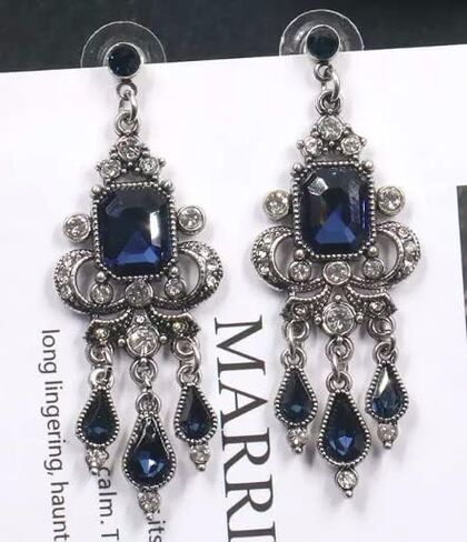 Art Deco Victorian Edwardian Antique Vintage Style Blue Sapphire Rhinestone Long Dangle Wedding Bridal Prom Earrings in Saudi Arabia