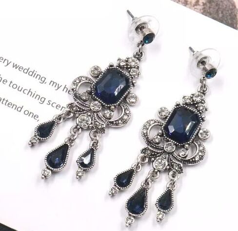 Art Deco Victorian Edwardian Antique Vintage Style Blue Sapphire Rhinestone Long Dangle Wedding Bridal Prom Earrings in Saudi Arabia