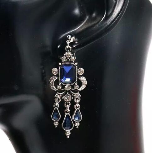 Art Deco Victorian Edwardian Antique Vintage Style Blue Sapphire Rhinestone Long Dangle Wedding Bridal Prom Earrings in Saudi Arabia