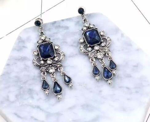 Art Deco Victorian Edwardian Antique Vintage Style Blue Sapphire Rhinestone Long Dangle Wedding Bridal Prom Earrings in Saudi Arabia