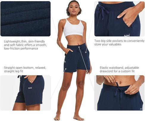 BALEAF Women's Cotton Yoga Shorts Sweat Athletic Lounge Beach Shorts Jersey Pull On with Drawstring Pockets Summer Navy Blue Size XL in Saudi Arabia