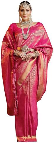 ساري حريري من قماش الجاكار مزين بشرابة مع قطعة بلوزة غير مخيطة (3169S5753_) وردي داكن مجانًا in Kuwait