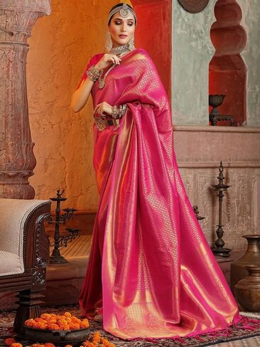 ساري حريري من قماش الجاكار مزين بشرابة مع قطعة بلوزة غير مخيطة (3169S5753_) وردي داكن مجانًا in Kuwait