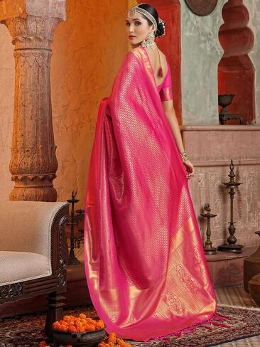 ساري حريري من قماش الجاكار مزين بشرابة مع قطعة بلوزة غير مخيطة (3169S5753_) وردي داكن مجانًا in Kuwait