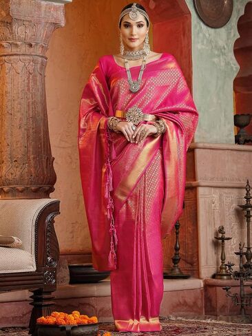 ساري حريري من قماش الجاكار مزين بشرابة مع قطعة بلوزة غير مخيطة (3169S5753_) وردي داكن مجانًا in Kuwait