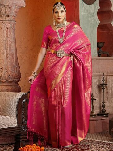 ساري حريري من قماش الجاكار مزين بشرابة مع قطعة بلوزة غير مخيطة (3169S5753_) وردي داكن مجانًا in Kuwait