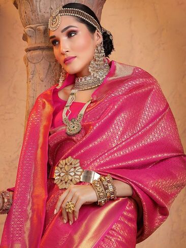 ساري حريري من قماش الجاكار مزين بشرابة مع قطعة بلوزة غير مخيطة (3169S5753_) وردي داكن مجانًا in Kuwait