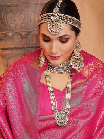 ساري حريري من قماش الجاكار مزين بشرابة مع قطعة بلوزة غير مخيطة (3169S5753_) وردي داكن مجانًا in Kuwait