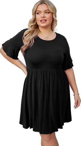 OLRIK فساتين صيفية مقاس كبير للنساء كاجوال برقبة مربعة وأكمام منتفخة فساتين متوسطة الطول على شكل حرف a للحفلات 2023 in Kuwait