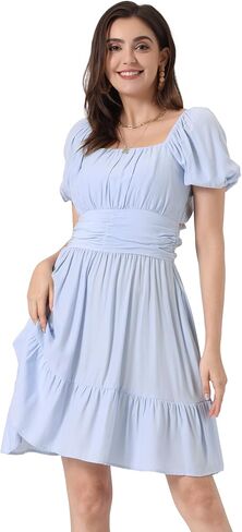 Allegra K Square Neck Dress for Women's Summer Short Puff Sleeve Bow Tie Back Ruffle A-Line Mini Dresses in Kuwait