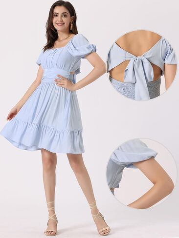 Allegra K Square Neck Dress for Women's Summer Short Puff Sleeve Bow Tie Back Ruffle A-Line Mini Dresses in Kuwait
