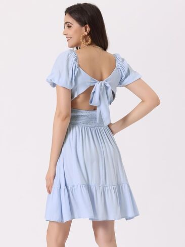 Allegra K Square Neck Dress for Women's Summer Short Puff Sleeve Bow Tie Back Ruffle A-Line Mini Dresses in Kuwait