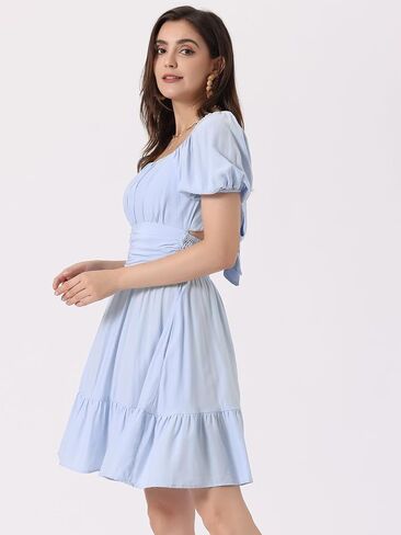 Allegra K Square Neck Dress for Women's Summer Short Puff Sleeve Bow Tie Back Ruffle A-Line Mini Dresses in Kuwait