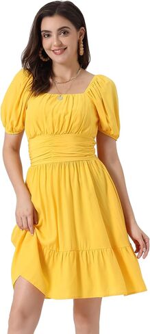 Allegra K Square Neck Dress for Women's Summer Short Puff Sleeve Bow Tie Back Ruffle A-Line Mini Dresses in Kuwait