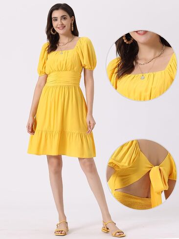 Allegra K Square Neck Dress for Women's Summer Short Puff Sleeve Bow Tie Back Ruffle A-Line Mini Dresses in Kuwait