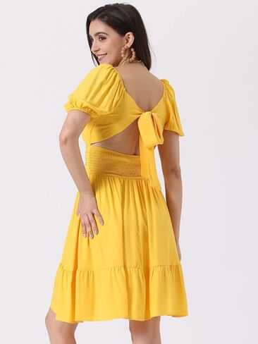 Allegra K Square Neck Dress for Women's Summer Short Puff Sleeve Bow Tie Back Ruffle A-Line Mini Dresses in Kuwait
