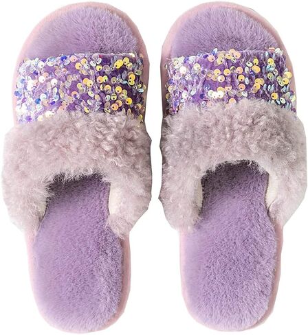 Women's Sequins Fuzzy Slippers, Soft Plush Furry Fur, Cozy Memory Foam, Open Toe and Slip-on Indoor Glitter House slippers in Saudi Arabia