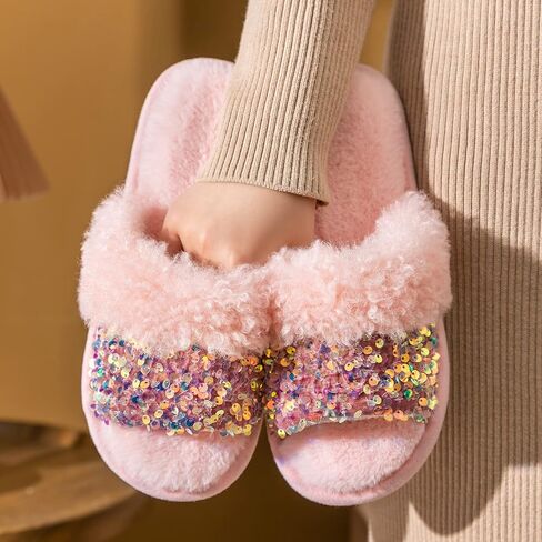 Women's Sequins Fuzzy Slippers, Soft Plush Furry Fur, Cozy Memory Foam, Open Toe and Slip-on Indoor Glitter House slippers in Saudi Arabia
