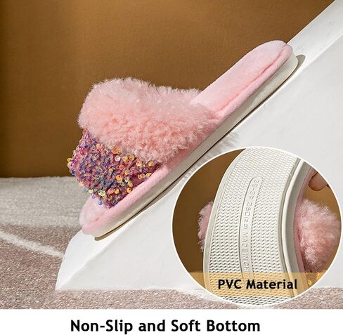 Women's Sequins Fuzzy Slippers, Soft Plush Furry Fur, Cozy Memory Foam, Open Toe and Slip-on Indoor Glitter House slippers in Saudi Arabia