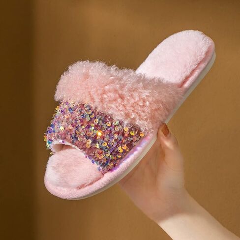 Women's Sequins Fuzzy Slippers, Soft Plush Furry Fur, Cozy Memory Foam, Open Toe and Slip-on Indoor Glitter House slippers in Saudi Arabia