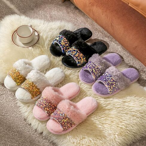 Women's Sequins Fuzzy Slippers, Soft Plush Furry Fur, Cozy Memory Foam, Open Toe and Slip-on Indoor Glitter House slippers in Saudi Arabia