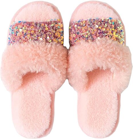 Women's Sequins Fuzzy Slippers, Soft Plush Furry Fur, Cozy Memory Foam, Open Toe and Slip-on Indoor Glitter House slippers in Saudi Arabia