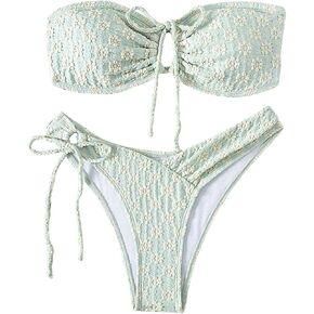 GORGLITTER Women's Floral Jacquard Bandeau Bikini Set Drawstring Tie High Cut Bikini Swimsuit