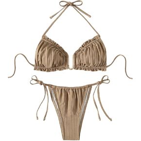 SweatyRocks Women's Bikini Sets Ruched Halter Tie Side Bathing Suits 2 Piece Swimsuit