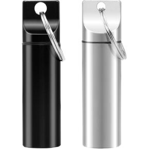 2pcs Small Portable Pill Box Keychain, Waterproof Aluminum Pill Box Keychain Pill Box Portable Pill Case Keychain for Outdoor Camping Travel (Black, Silver)