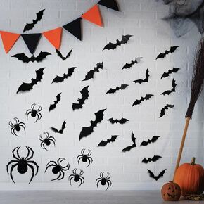 Halloween Decorations-Halloween Bats Wall Decor 132PCS Realistic PVC 3D Black Scary Spider Sticker for Creepy Home Decor,Double-Sided Adhesive Included