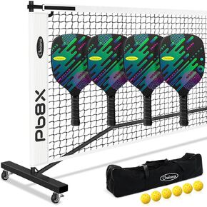 Pickleball Net Pickleball Set with Net Driveway Wheels Portable Pickle Ball Nets Movable 22ft Regulation Size w/ 4 Paddles Rackets, Carry Bag, Durable Metal Frame for Outdoor Indoor Home