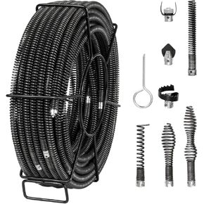 VEVOR 100Ft Drain Cleaning Cable 100' x 5/8" with 7 Cutters for 0.8" to 3.9" Pipes for Hollow Core Sewer Cleaner Auger Sink, Toilet