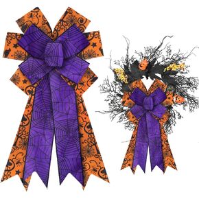 Large Halloween Bows for Wreath, Burlap Purple Spider Wreath Bow for Fall Halloween Décor Spider Web Orange Bows for Front Door Indoor Outdoor Wall Tree Topper Decoration Supplies Halloween Ornament