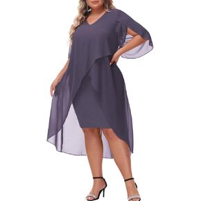 Hanna Nikole Double Layer Irregular Hem Party Dress for Women V Neck Chiffon Overlay Formal Knee Length Dresses 24 Plus Navy Blue