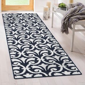 Creative Home Ideas – Tufted Runner - Karb Trellis Border Rug - Modern Home Décor - Washable Rug - Accent Carpet for Entryway & Hallway - Measures 26" x 60" - Navy and White in Kuwait