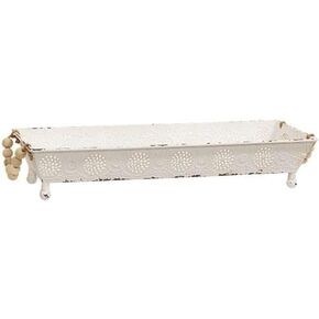 White Decorative Rectangular Tray w/Whitewashed Bead Handles | Farmhouse Decor | Shabby Chic | Serving Tray | Distressed Finish | 2.75" H x 14.75" L x 5" W