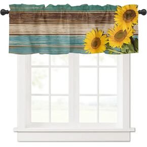 Curtain Valances for Windows Living Room, Rustic Style Sunflower Curtain Toppers for Bedroom, Teal Green Ombre Shabby Wood Plank Rod Pocket Curtains Kitchen Valances 54 Inch Wide by 18 Inch Long