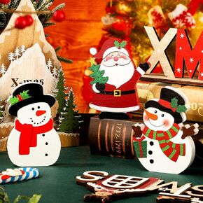 Yookeer 3 Pieces Christmas Tiered Tray Decor Christmas Table Sign Wooden Signs Snowmen Santa Xmas Tabletop Decorations Christmas Centerpiece Wood Room Tabletop Signs for Home Party Decoration