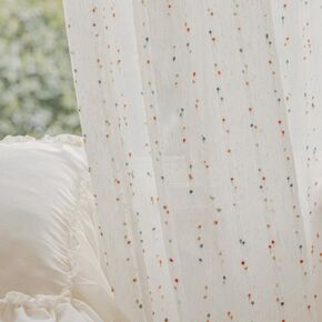 2 Panels Vintage Linen Sheer Curtains with Colorful Stripe Pom Pom for Girls Kids Room Embroidered Light Filtering Window Drapes for Nursery Bedroom Rod Pocket (White,W42 L84 inch)