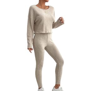 WDIRARA Women's Petite 2 Piece Outfits Ribbed Long Sleeve Top And Leggings Pants Set