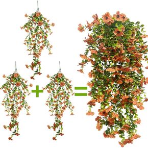 3 PCS Artificial Flowers for Outdoors Fake Hanging Plants Faux Plants Indoor for Decoration Silk Flowers Hanging Flowers Artificial Wall Flower Decor for Front Porch Patio Balcony Garden Yard, Orange